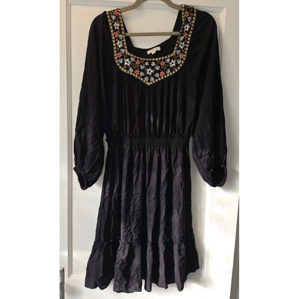 Max Studio Black Floral Embroidered Square Neck Smocked A-Line Dress M
